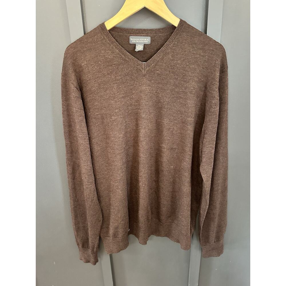 Banana Republic Men's Brown Extra Fine Italian Merino Wool V-Neck Sweater - XL
